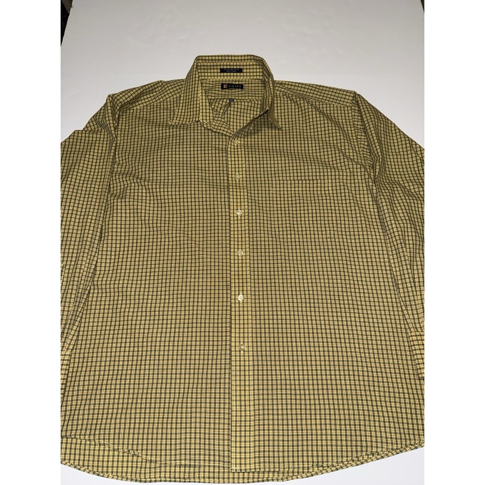 Chaps Men XXL Dress Shirt Yellow Plaid Wrinkle Free Button Front Formal Office